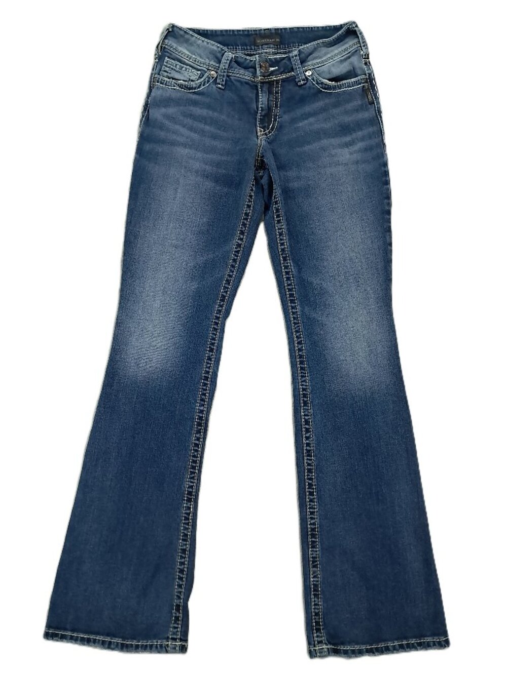 Silver Jeans Women 28x33, Tag 28x34 Suki Bootcut Distressed Blue Denim Stretch
